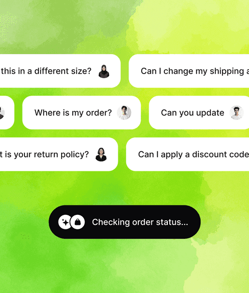 Shoppers asking sizing, shipping, order status, and return policy questions in a chat widget