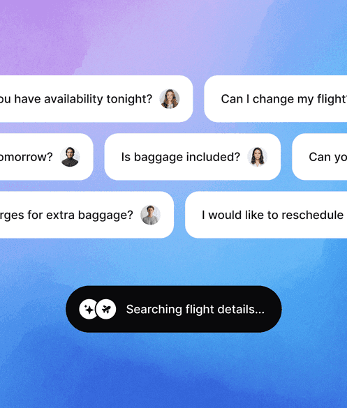 Travelers asking about availability, flight changes, baggage, and rescheduling in a chat widget