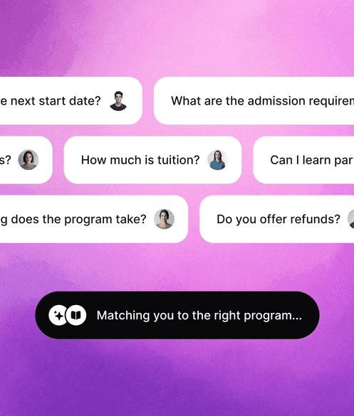 Prospective students asking about start dates, admissions requirements, tuition, and refunds in a chat widget